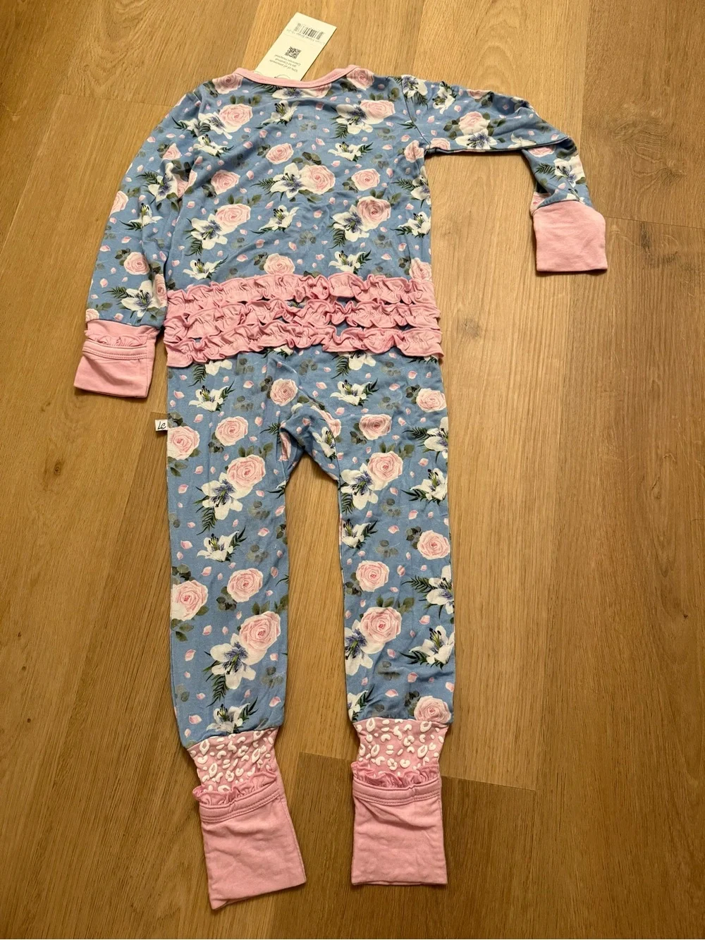 Blue Floral Ruffle-Trim Bamboo One-Piece Pajamas